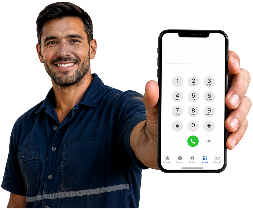 Abbotsford Blocked Drains plumber holding a phone — call 1300 261 965