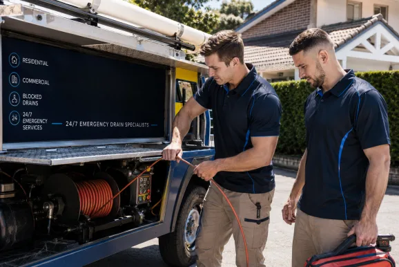 Two plumbers working on a blocked drain in Abbotsford