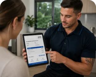 Plumber showing a Abbotsford customer the quote on a tablet