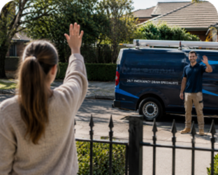 Customer waving goodbye to a Abbotsford Blocked Drains plumber